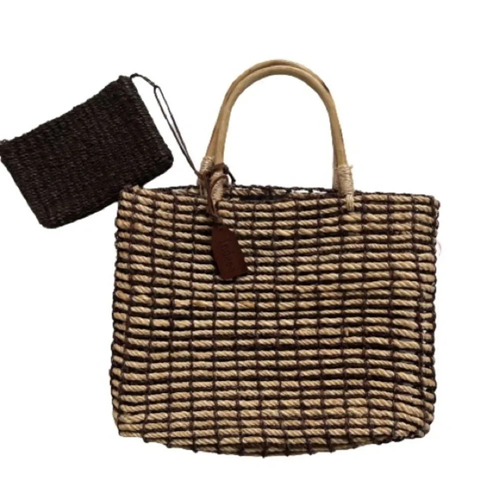 Indeed Straw Rope Bamboo Brown Mushroom Tan Beach Bag Purse Extra Mini Bag